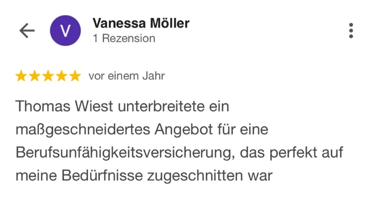 Google-Bewertung: Top Beratung durch freundliche und kompetente Mitarbeiter für Einkommenssicherung und Private Krankenversicherung