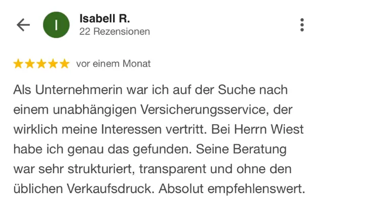 Google-Bewertung: Top Beratung durch freundliche und kompetente Mitarbeiter für Einkommenssicherung und Private Krankenversicherung