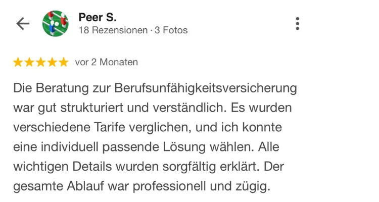 Google-Bewertung: Top Beratung durch freundliche und kompetente Mitarbeiter für Einkommenssicherung und Private Krankenversicherung